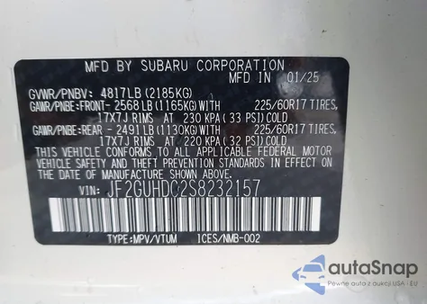 2025 Subaru Crosstrek Premium из США, поврежденный, VIN JF2GUHDC2S8232157